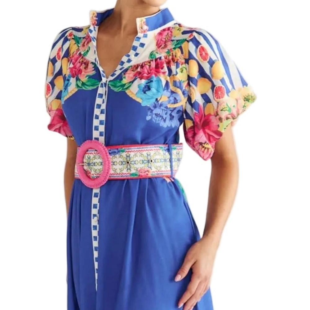 Garden Floral Button-Up Mock Neck Puff Sleeve Wide Belt Slit Front Maxi Dress - Picture 7 of 16